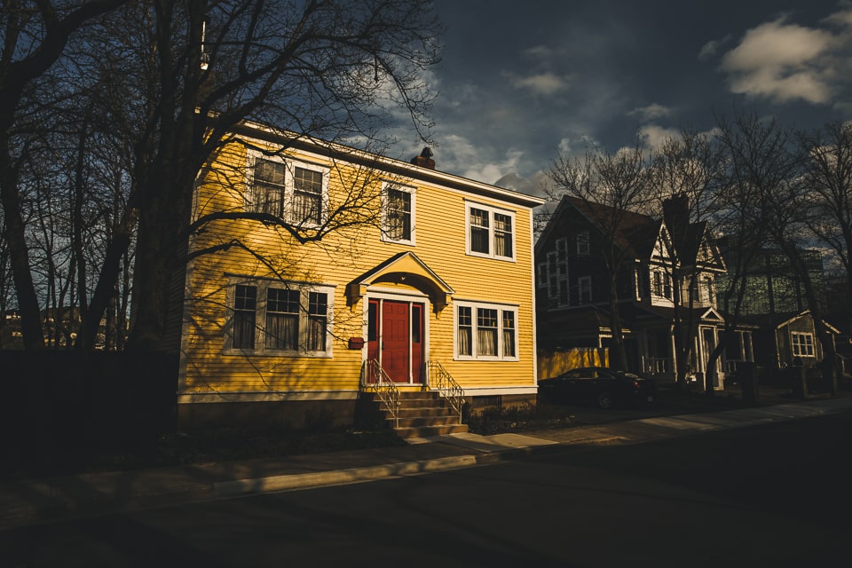 St John's famous colored houses, at sunset