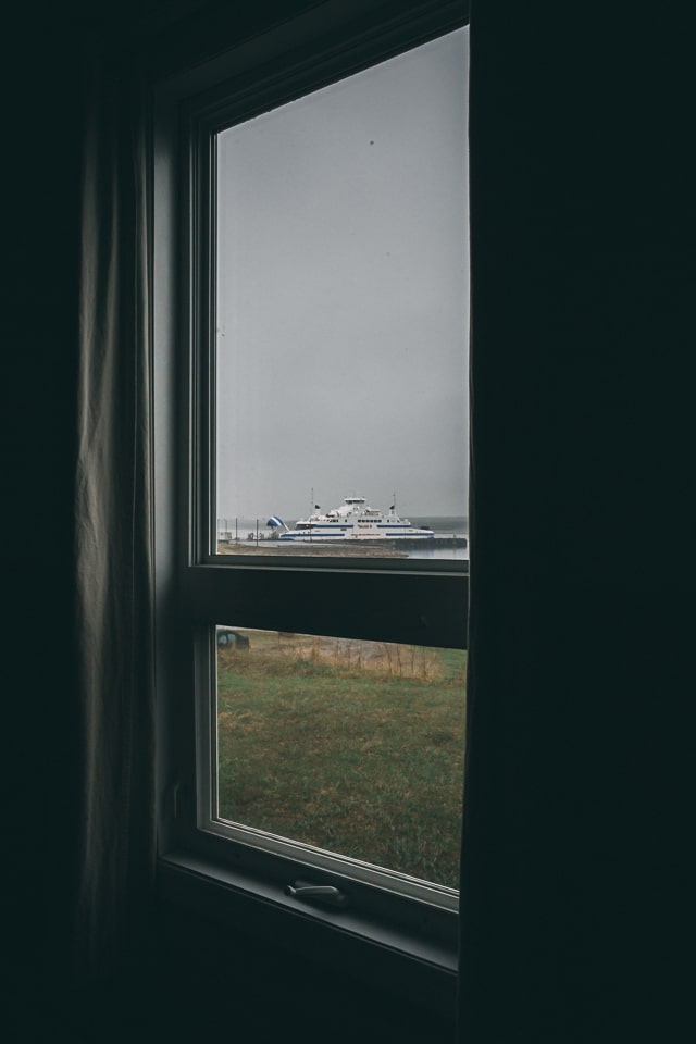 Observing through the window the ferry that was supposed to take us to Labrador